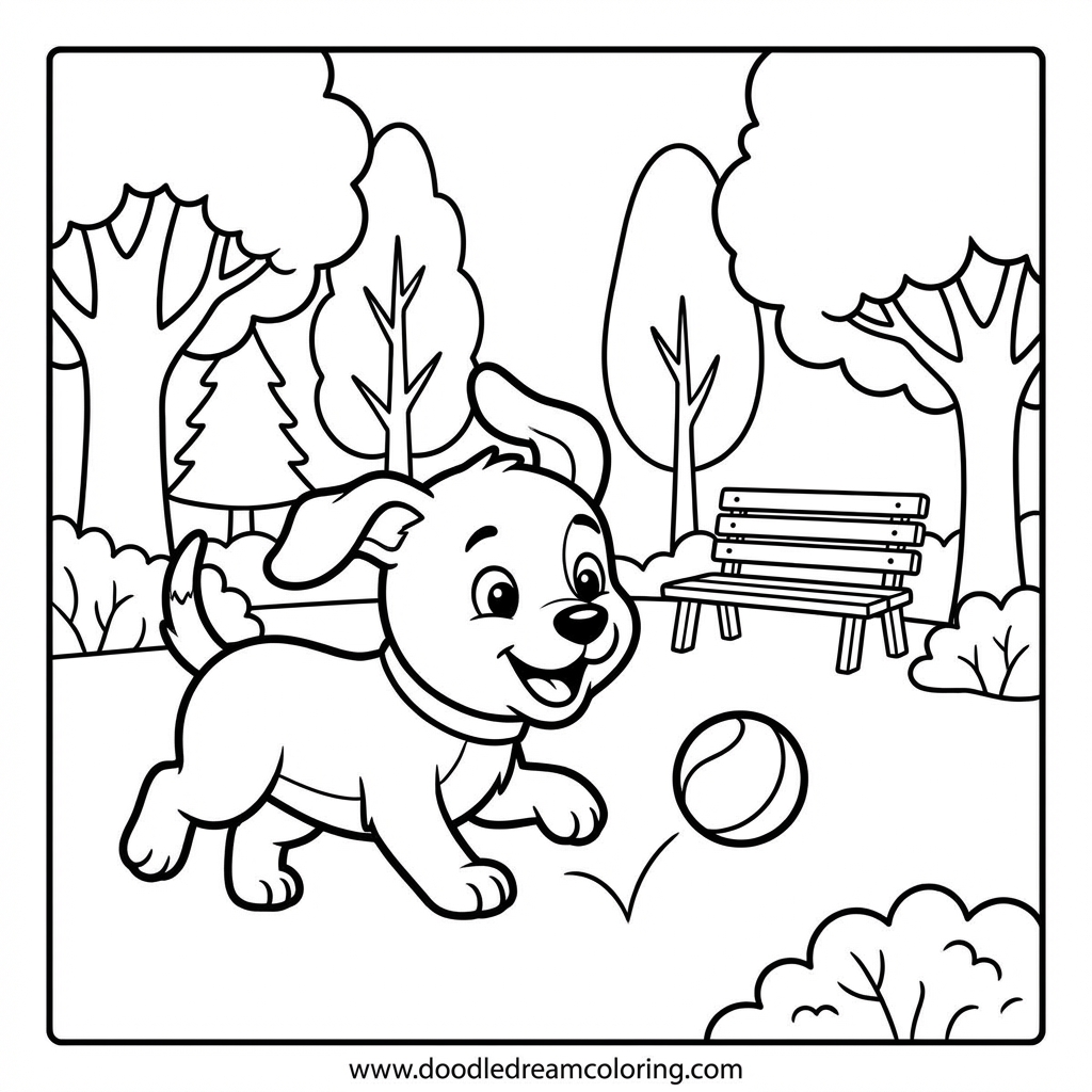 Printable puppy park playtime coloring page for kids