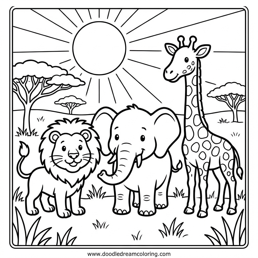 Printable safari animals group coloring page for kids