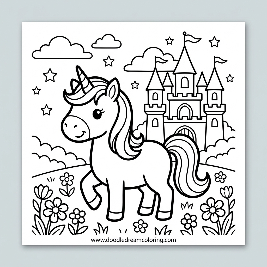 Printable unicorn rainbow garden coloring page for kids